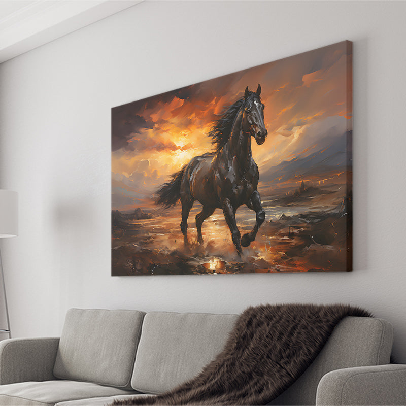 Black Horse Running In The Sunset Painting Canvas Prints Wall Art Home Decor, Painting Canvas, Living Room Wall Decor