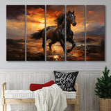 Black Horse Running In The Sunset Painting 5 Panels B Canvas Prints Wall Art Home Decor, Extra Large Canvas