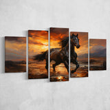 Black Horse Running In The Sunset Painting 5 Panels Canvas Prints Wall Art Home Decor, Large Mixed Canvas