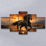 Black Horse Running In The Sunset Painting 5 Panels Canvas Prints Wall Art Home Decor, Large Mixed Canvas