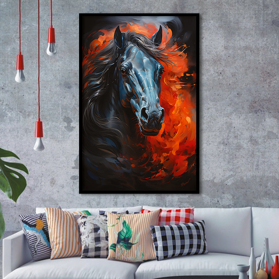 Black Horse Strong Oil Painting Framed Art Prints Wall Decor, Painting Art, Framed Picture