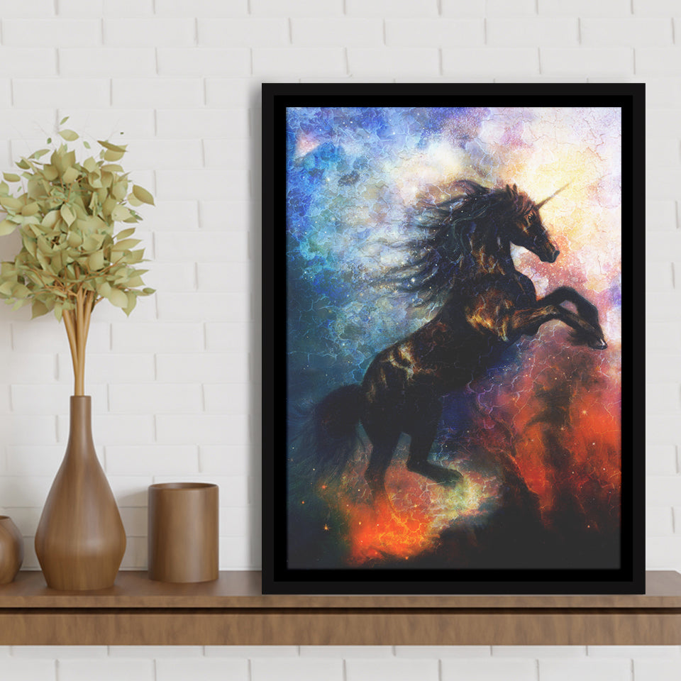 Black Unicorn Dancing In Space Framed Canvas Prints Wall Art Home Decor, Floating Frame