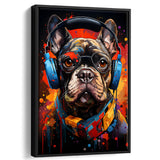 Bulldog Wearing Headphones And Glasses V1 Framed Canvas Prints Wall Art Home Decor, Painting Canvas, Floating Frame