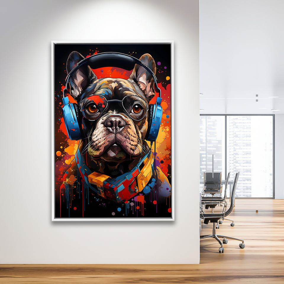 Bulldog Wearing Headphones And Glasses V1 Framed Canvas Prints Wall Art Home Decor, Painting Canvas, Floating Frame