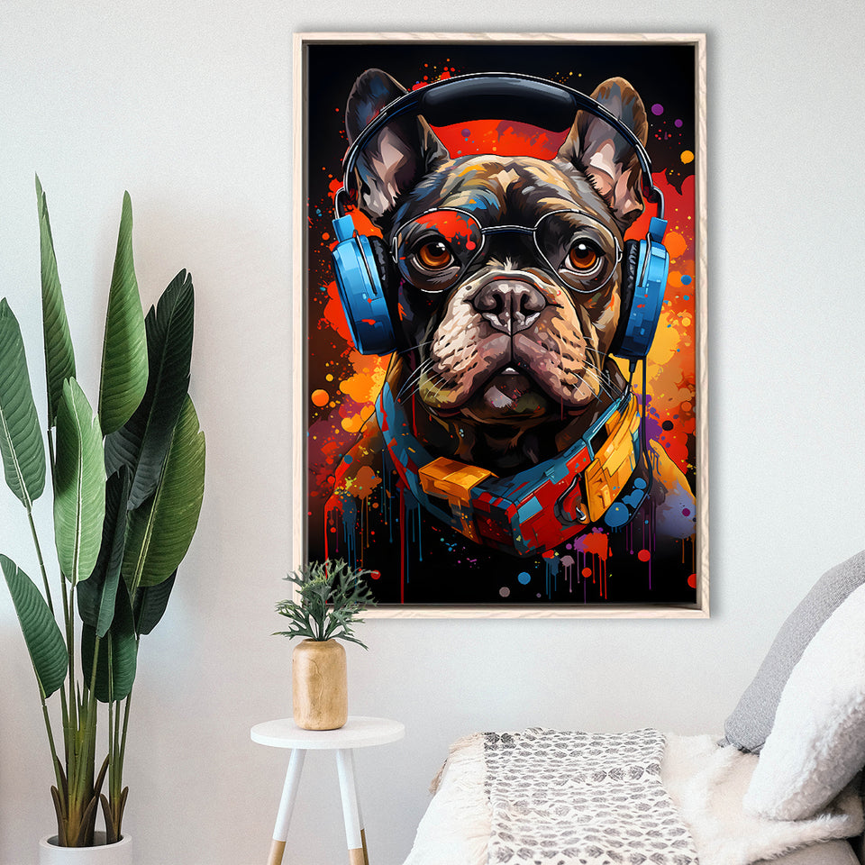 Bulldog Wearing Headphones And Glasses V1 Framed Canvas Prints Wall Art Home Decor, Painting Canvas, Floating Frame