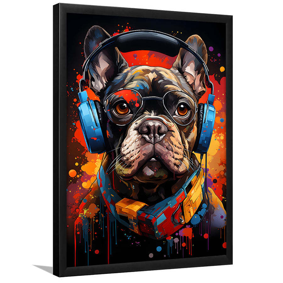 Bulldog Wearing Headphones And Glasses V1 Framed Art Prints Wall Decor, Painting Art, Framed Picture