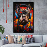 Bulldog Wearing Headphones And Glasses V1 Framed Art Prints Wall Decor, Painting Art, Framed Picture