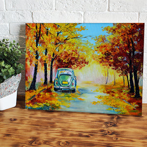 Car In The Colorful Autumn Forest Road Made Canvas Wall Art - Canvas Prints, Prints For Sale, Painting Canvas,Canvas On Sale