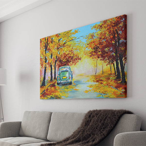 Car In The Colorful Autumn Forest Road Made Canvas Wall Art - Canvas Prints, Prints For Sale, Painting Canvas,Canvas On Sale