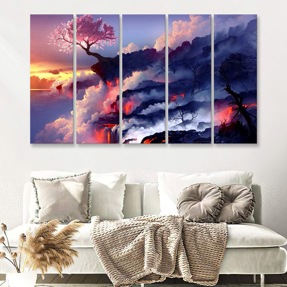 Cherry Blossom Tree On Cliff 5 Pieces B Canvas Prints Wall Art - Painting Canvas,Multi Panel, Fan Gift