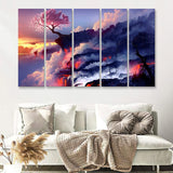 Cherry Blossom Tree On Cliff 5 Pieces B Canvas Prints Wall Art - Painting Canvas,Multi Panel, Fan Gift
