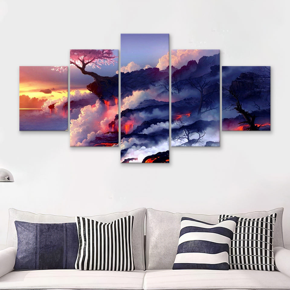 Cherry Blossom Tree On Cliff 5 Pieces Canvas Prints Wall Art - Painting Canvas, Multi Panel, Fan Gift
