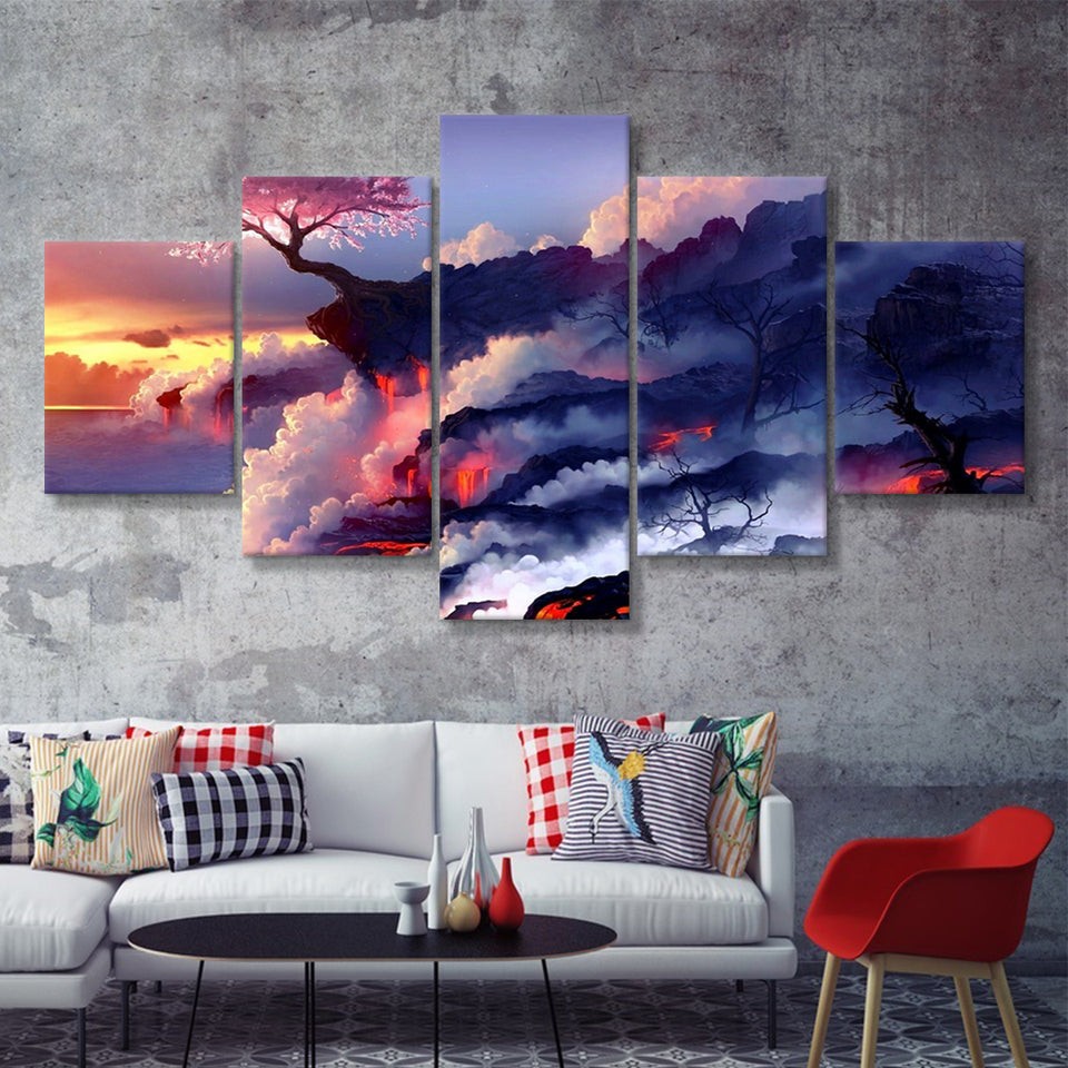 Cherry Blossom Tree On Cliff 5 Pieces Canvas Prints Wall Art - Painting Canvas, Multi Panel, Fan Gift
