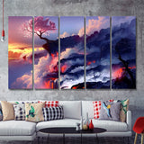 Cherry Blossom Tree On Cliff 5 Pieces B Canvas Prints Wall Art - Painting Canvas,Multi Panel, Fan Gift