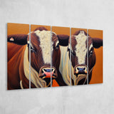 Couple Bull Portrait Oil Painting Vintage, 5 Piece Canvas Prints Wall Art Decor, Multi Panels