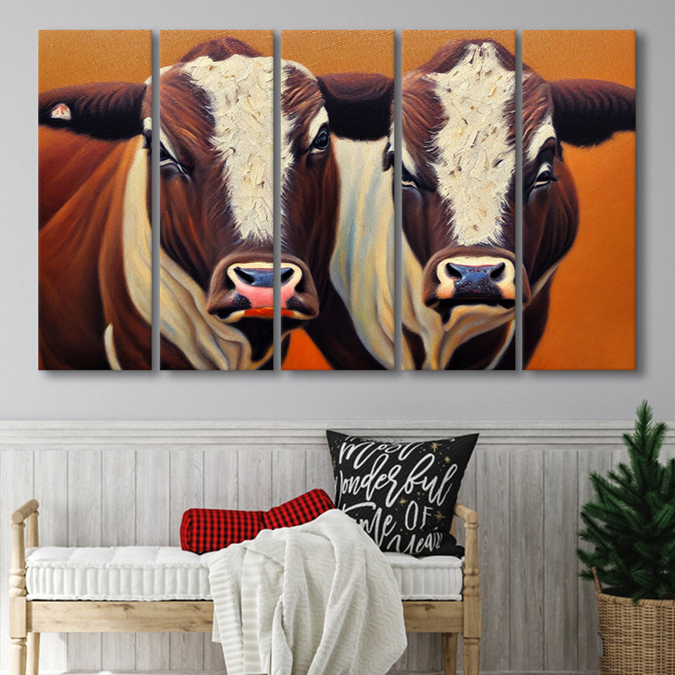 Couple Bull Portrait Oil Painting Vintage, 5 Piece Canvas Prints Wall Art Decor, Multi Panels