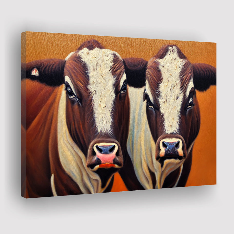 Couple Bull Portrait Oil Painting Vintage, Canvas Prints Wall Art Decor - Painting Canvas,Art Prints