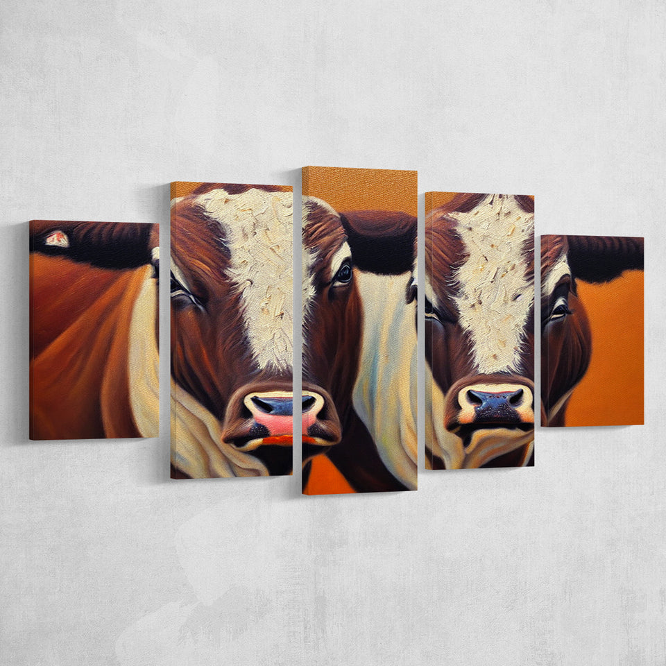 Couple Bull Portrait Oil Painting Vintage, 5 Piece Canvas Prints Wall Art Decor, Multi Panels,Mixed Canvas