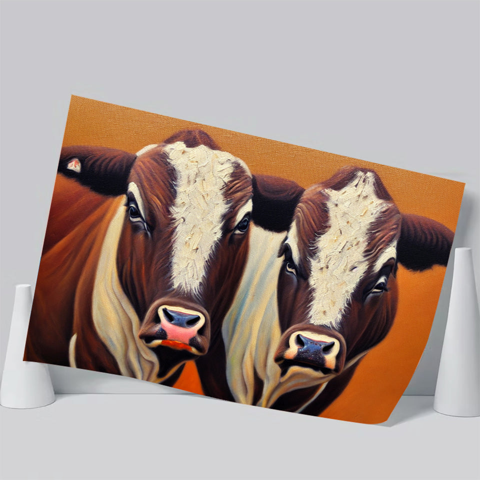 Couple Bull Portrait Oil Painting Vintage, Poster Art, Poster Print Wall Art Decor