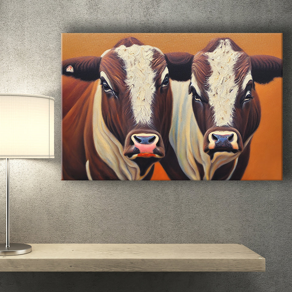 Couple Bull Portrait Oil Painting Vintage, Canvas Prints Wall Art Decor - Painting Canvas,Art Prints