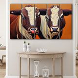 Couple Bull Portrait Oil Painting Vintage, 5 Piece Canvas Prints Wall Art Decor, Multi Panels