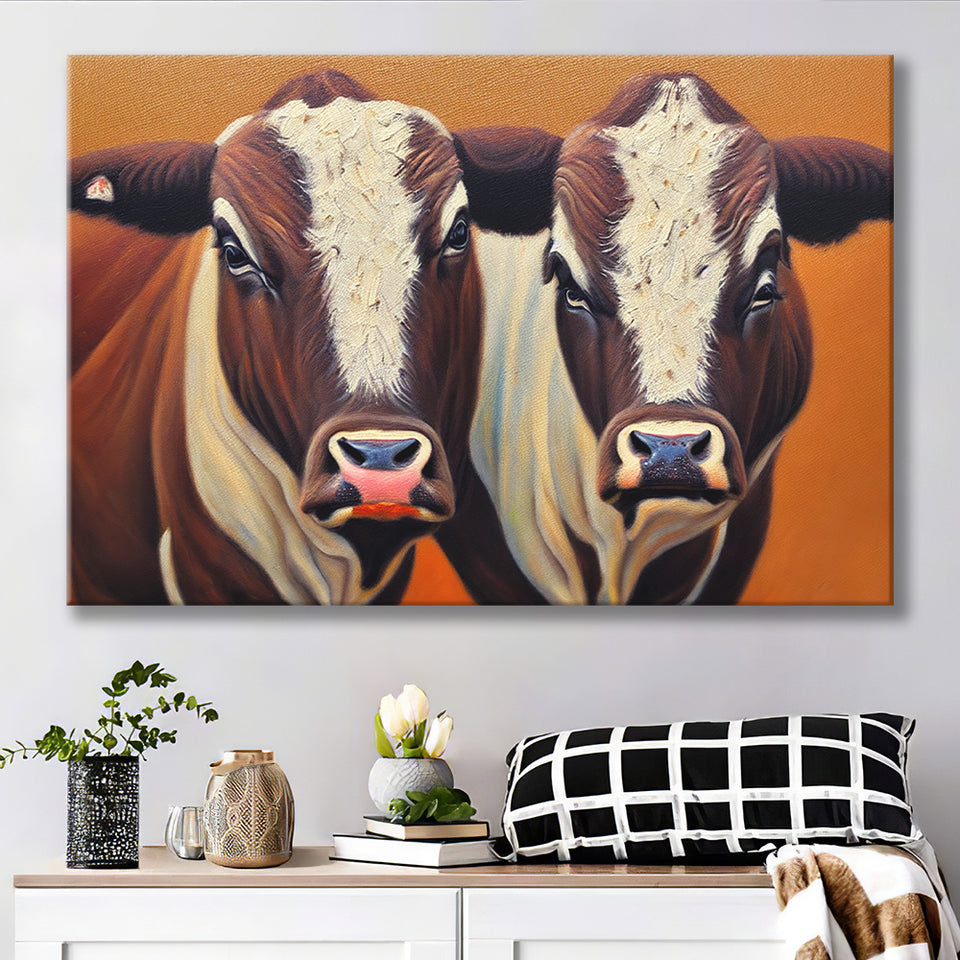 Couple Bull Portrait Oil Painting Vintage, Canvas Prints Wall Art Decor - Painting Canvas,Art Prints
