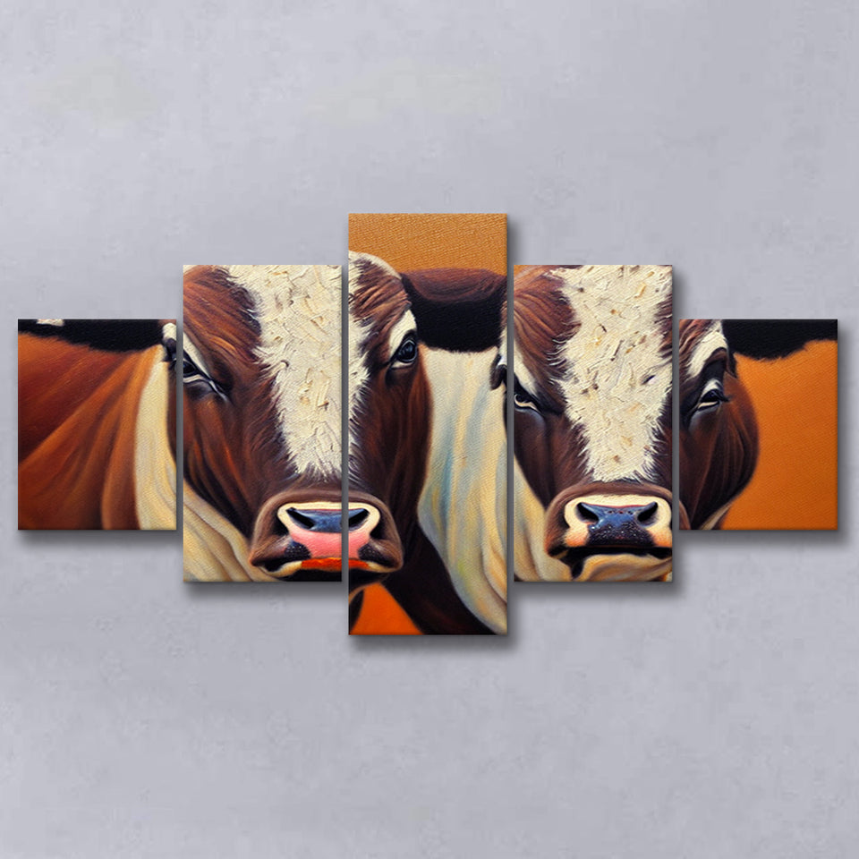Couple Bull Portrait Oil Painting Vintage, 5 Piece Canvas Prints Wall Art Decor, Multi Panels,Mixed Canvas