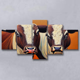 Couple Bull Portrait Oil Painting Vintage, 5 Piece Canvas Prints Wall Art Decor, Multi Panels,Mixed Canvas