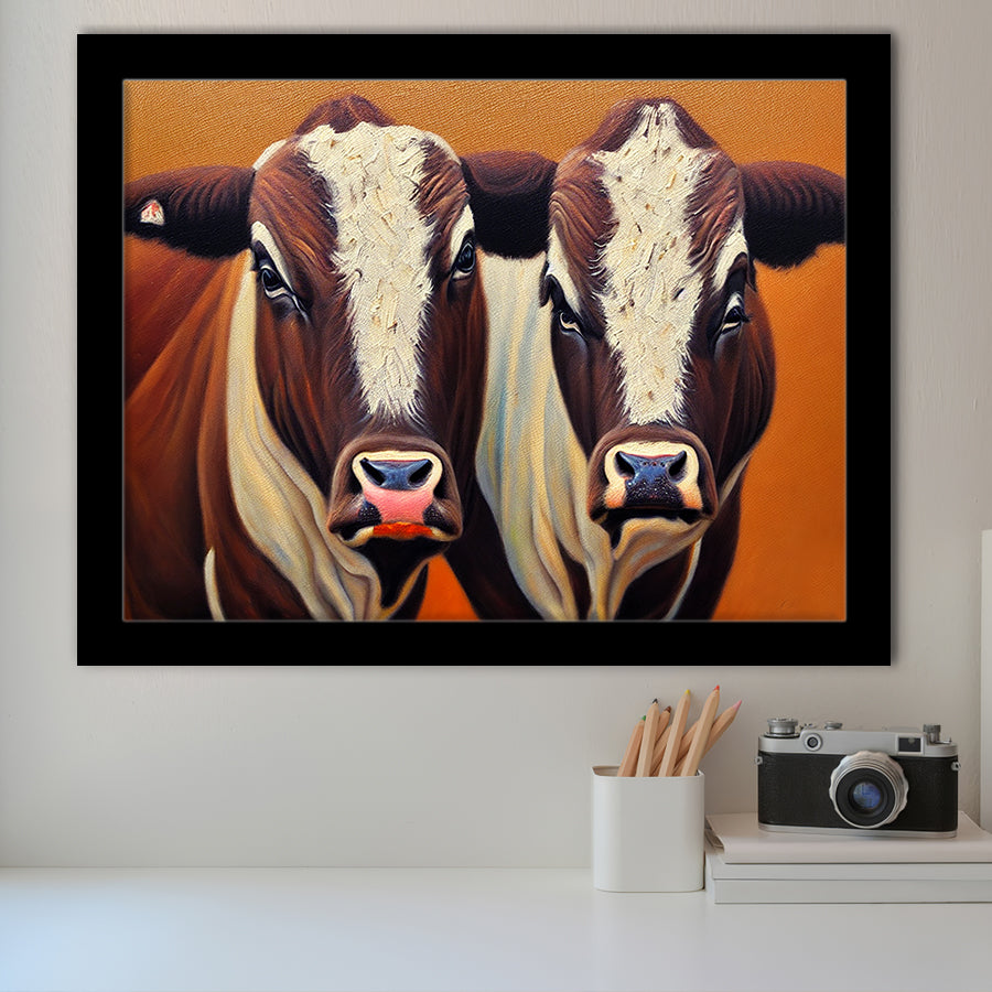 Couple Bull Portrait Oil Painting Vintage, Framed Art Prints Wall Art Decor, Framed Picture