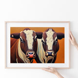 Couple Bull Portrait Oil Painting Vintage, Poster Art, Poster Print Wall Art Decor
