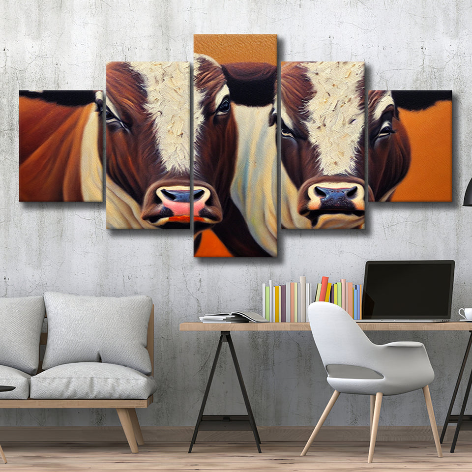 Couple Bull Portrait Oil Painting Vintage, 5 Piece Canvas Prints Wall Art Decor, Multi Panels,Mixed Canvas