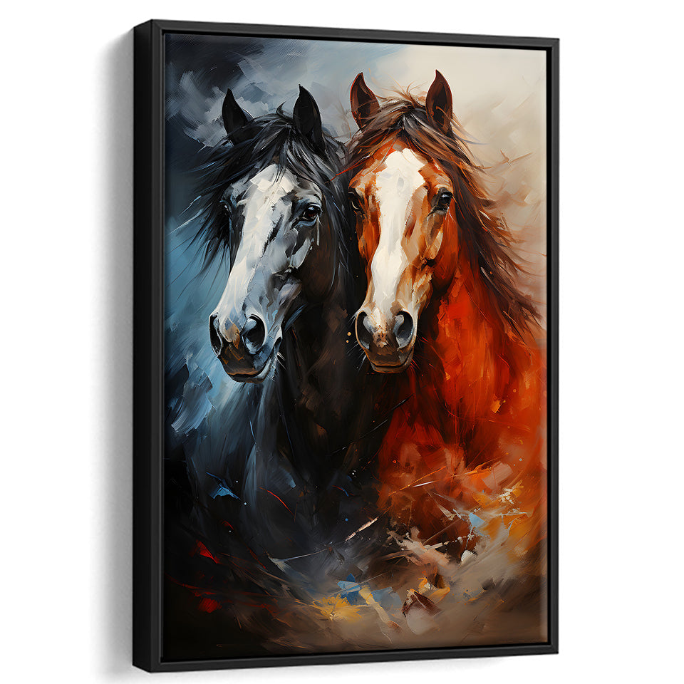 Couple Horse Portrait Oil Painting V6 Framed Canvas Prints Wall Art Home Decor, Painting Canvas, Floating Frame