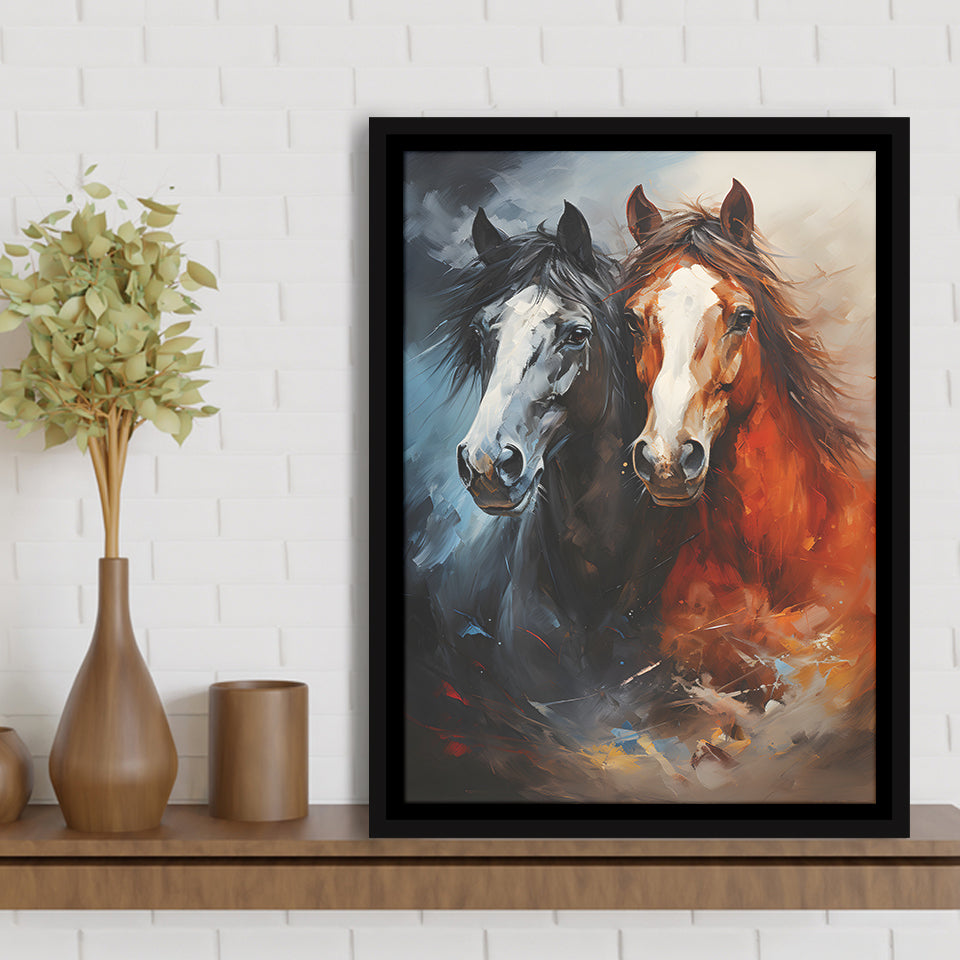 Couple Horse Portrait Oil Painting V6 Framed Canvas Prints Wall Art Home Decor, Painting Canvas, Floating Frame