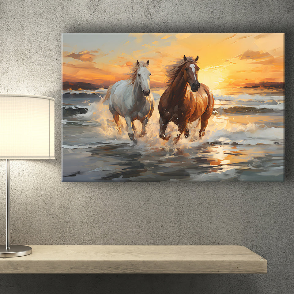 Couple Horse Running In The Sea Shore Sunset Canvas Prints Wall Art Home Decor, Painting Canvas, Living Room Wall Decor