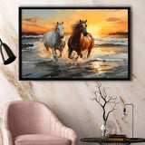 Couple Horse Running In The Sea Shore Sunset Framed Canvas Prints Wall Art Home Decor, Painting Canvas, Floating Frame