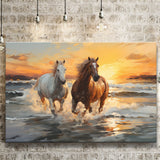 Couple Horse Running In The Sea Shore Sunset Canvas Prints Wall Art Home Decor, Painting Canvas, Living Room Wall Decor