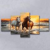 Couple Horse Running In The Sea Shore Sunset 5 Panels Canvas Prints Wall Art Home Decor, Large Mixed Canvas