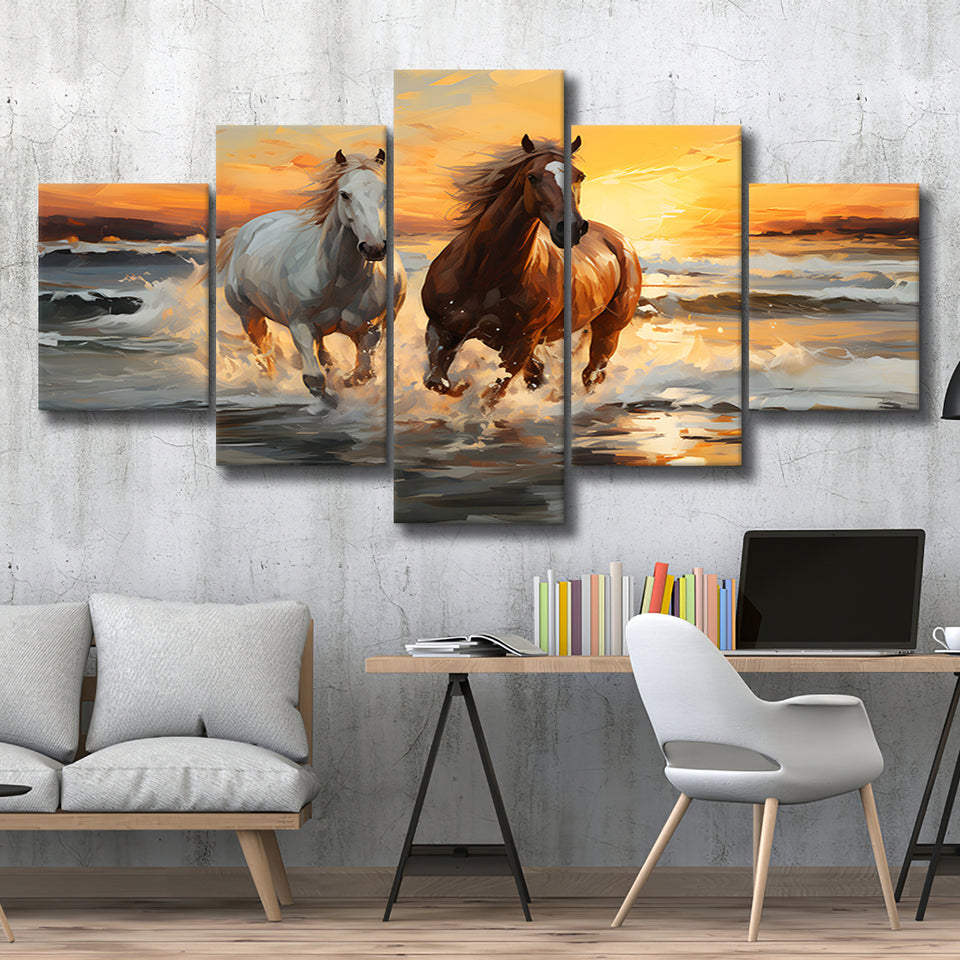 Couple Horse Running In The Sea Shore Sunset 5 Panels Canvas Prints Wall Art Home Decor, Large Mixed Canvas