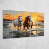 Couple Horse Running In The Sea Shore Sunset 5 Panels B Canvas Prints Wall Art Home Decor, Extra Large Canvas