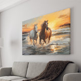 Couple Horse Running In The Sea Shore Sunset Canvas Prints Wall Art Home Decor, Painting Canvas, Living Room Wall Decor