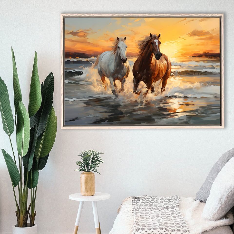 Couple Horse Running In The Sea Shore Sunset Framed Canvas Prints Wall Art Home Decor, Painting Canvas, Floating Frame