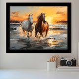 Couple Horse Running In The Sea Shore Sunset Framed Art Prints Wall Decor, Painting Art, Framed Picture