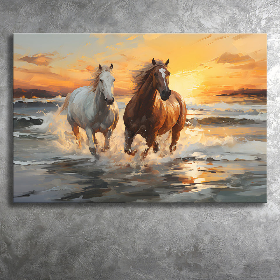 Couple Horse Running In The Sea Shore Sunset Canvas Prints Wall Art Home Decor, Painting Canvas, Living Room Wall Decor