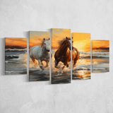 Couple Horse Running In The Sea Shore Sunset 5 Panels Canvas Prints Wall Art Home Decor, Large Mixed Canvas