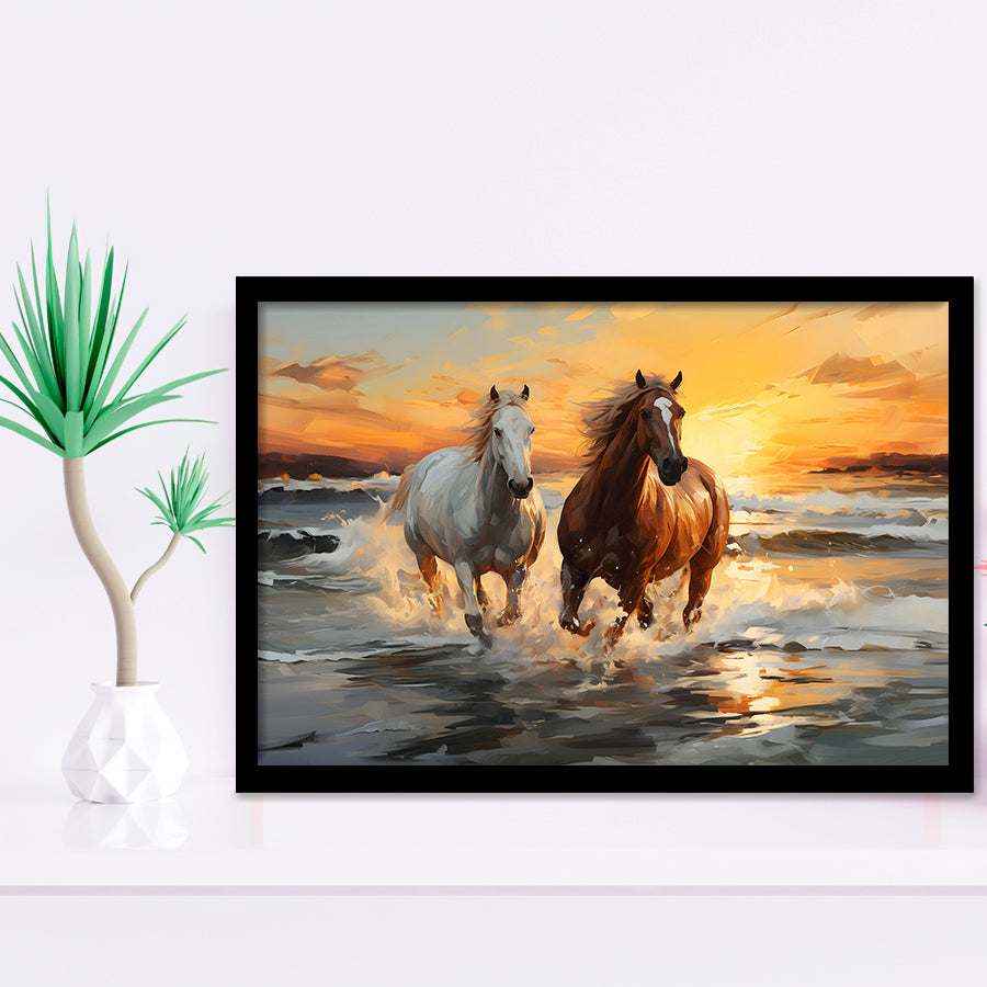 Couple Horse Running In The Sea Shore Sunset Framed Art Prints Wall Decor, Painting Art, Framed Picture