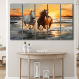 Couple Horse Running In The Sea Shore Sunset 5 Panels B Canvas Prints Wall Art Home Decor, Extra Large Canvas