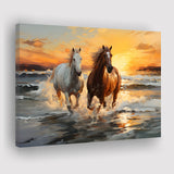 Couple Horse Running In The Sea Shore Sunset Canvas Prints Wall Art Home Decor, Painting Canvas, Living Room Wall Decor