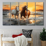 Couple Horse Running In The Sea Shore Sunset 5 Panels B Canvas Prints Wall Art Home Decor, Extra Large Canvas