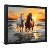 Couple Horse Running In The Sea Shore Sunset Framed Art Prints Wall Decor, Painting Art, Framed Picture