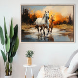 Couple Horse Running In The Sunset Framed Canvas Prints Wall Art Home Decor, Painting Canvas, Floating Frame